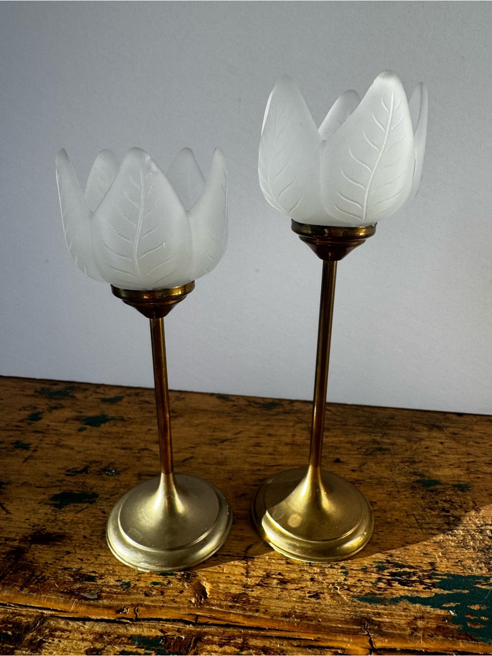 Brass Tulip Candle Holders with Frosted White Glass Shades